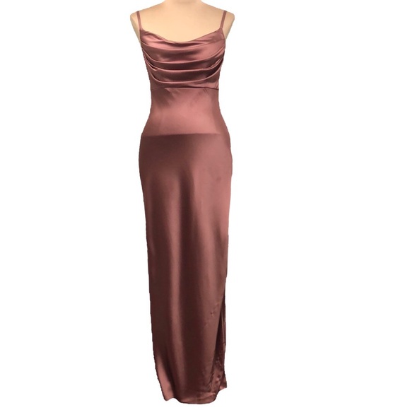 Revelry Dresses & Skirts - Revelry $189 Skye Satin Cowl Neck Side Slit Gown Size 6 Desert Rose Dusty Pink